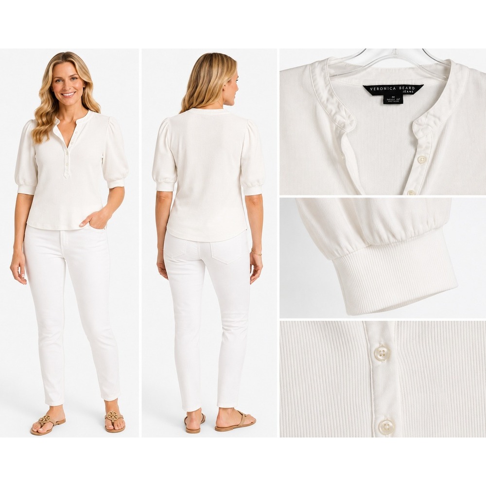 Veronica Beard Top M Ribbed Minimalist Classic Henley Puff Sleeve Preppy Coastal